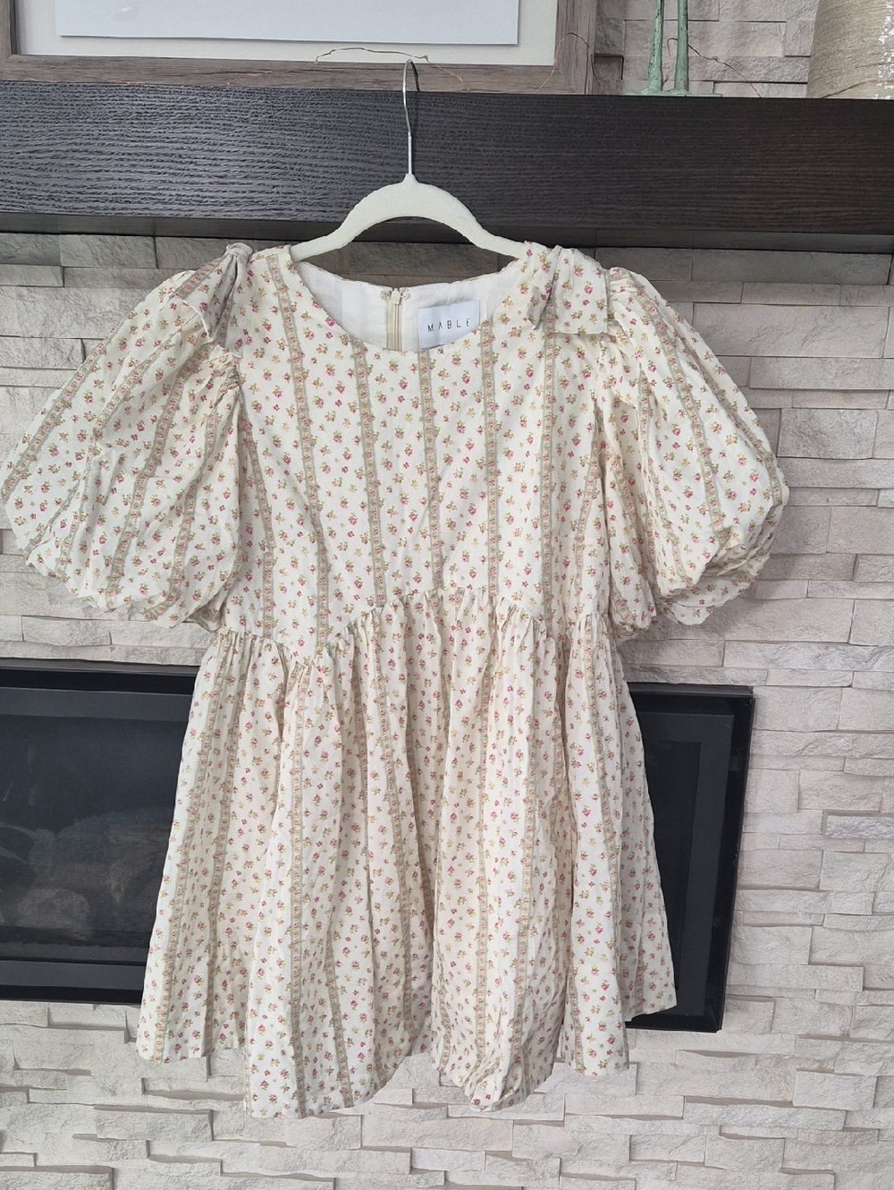 MABLE Puff Sleeve Baby Doll Mini Dress, Cream Floral Print Bow Details Small